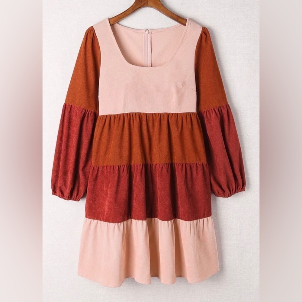 Sunset and swim color block square neck corduroy tiered puff sleeve dress
